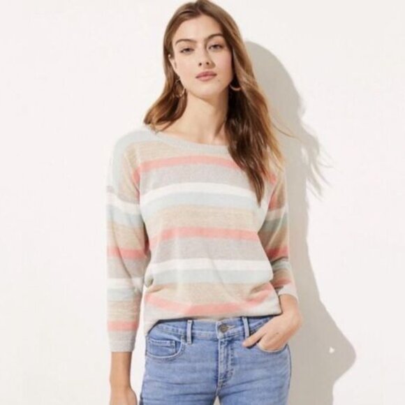 Ann Taylor LOFT Petite - Shimmer Stripe 3/4 Sleeve Sweater - Birch Branch - XXSP - Picture 1 of 7